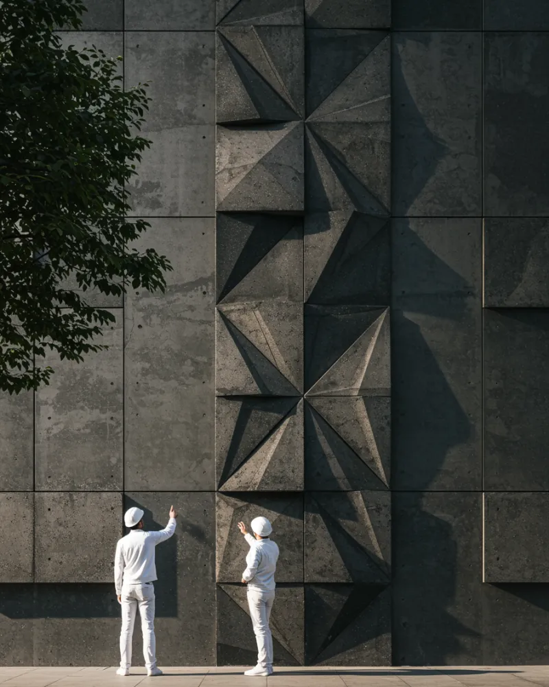 imagen15 "Instalación decorativa de concreto vertical en fachada de edificio en Barcelona, con diseño geométrico y textura industrial en tonos gris carbón, inspeccionada por diseñadores."