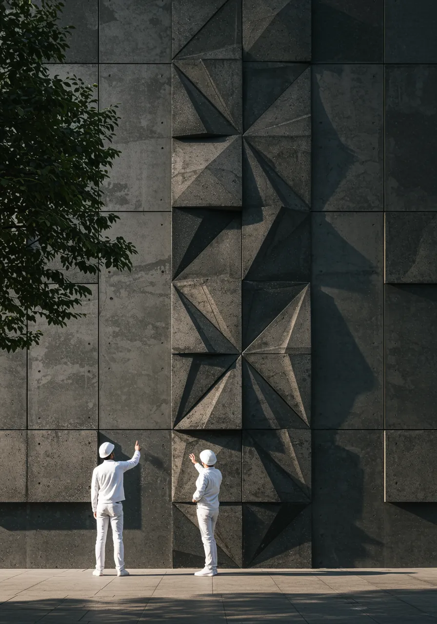 imagen15 "Instalación decorativa de concreto vertical en fachada de edificio en Barcelona, con diseño geométrico y textura industrial en tonos gris carbón, inspeccionada por diseñadores."