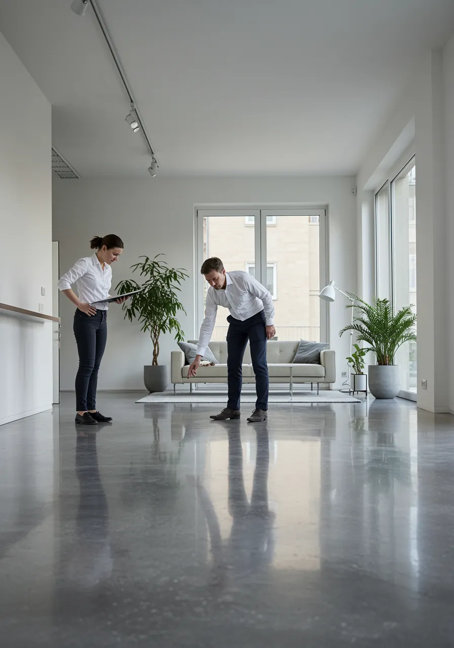 imagen18 "Imagen fotorealista de un interior comercial en Barcelona con suelo de concreto pulido, donde una arquitecta y su cliente revisan el acabado brillante y minimalista del espacio, iluminado por grandes ventanas."