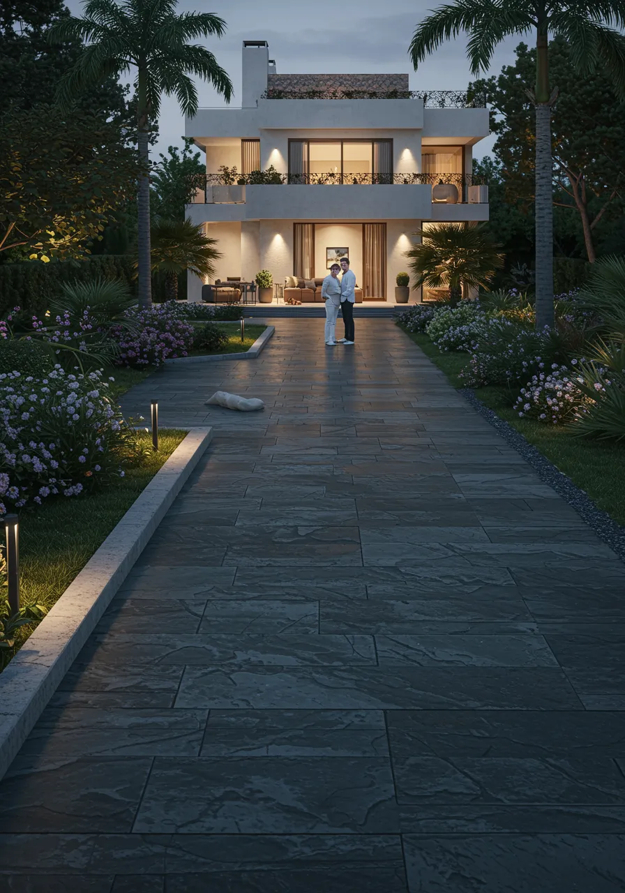 imagen3 "Camino de concreto impreso con patrón de pizarra en tonos carbón frente a una lujosa villa en Barcelona, con una pareja disfrutando del paisaje mediterráneo al atardecer."